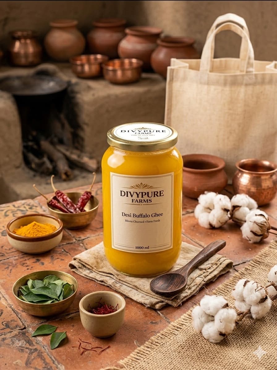 Divypure Farms ghee in a traditional Indian kitchen